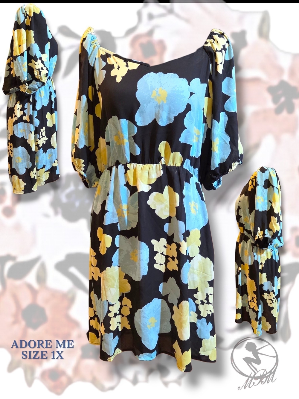 Adore Me Black Floral Puff-Sleeve Cold Shoulder Dress - Size 1X